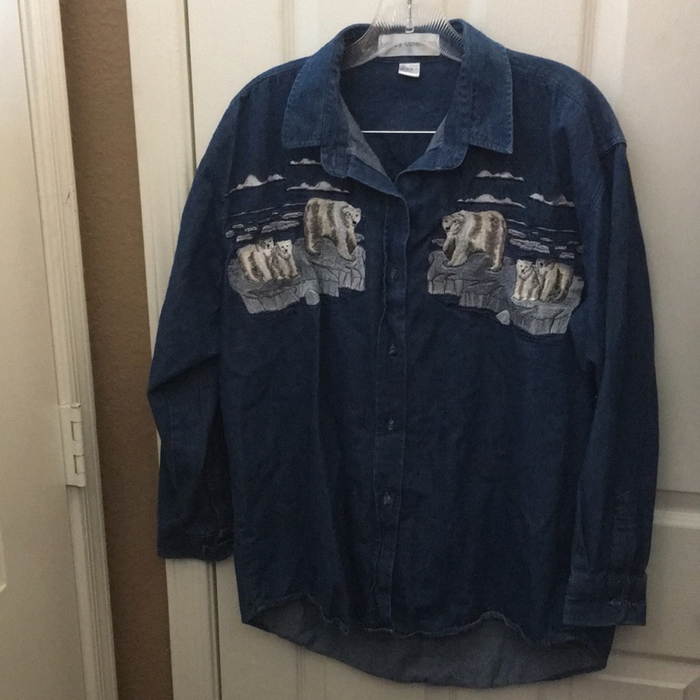 FINAL MARKDOWN casey coleman Denim Polar Bear Embroidered Blouse (Bust 47”)